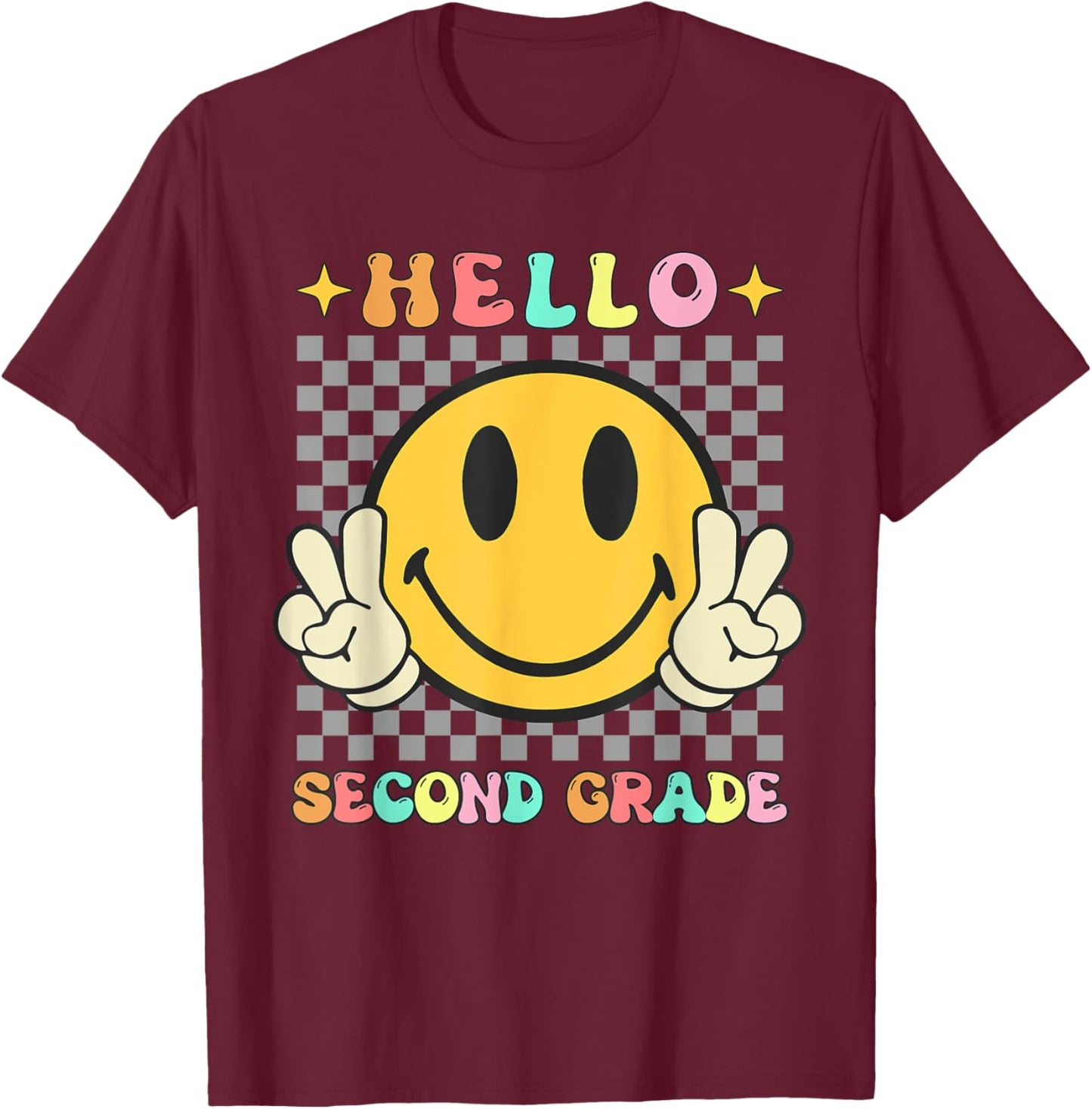 Retro Groovy 2nd Grade Back to School Hello Second Grade T-Shirt - T-Shirt | Maroon