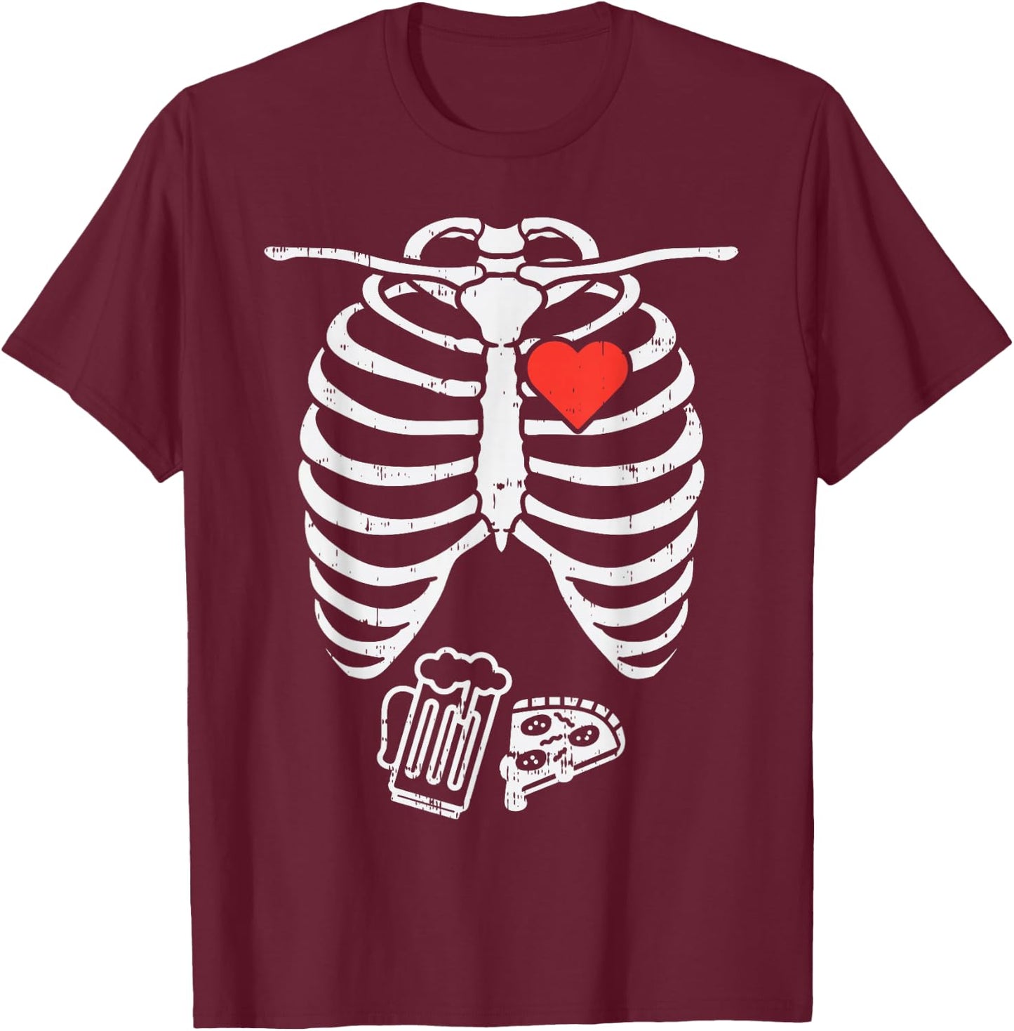 Skeleton X-Ray Pizza Beer Funny Halloween Pregnancy Men Dad T-Shirt - T-Shirt | Maroon