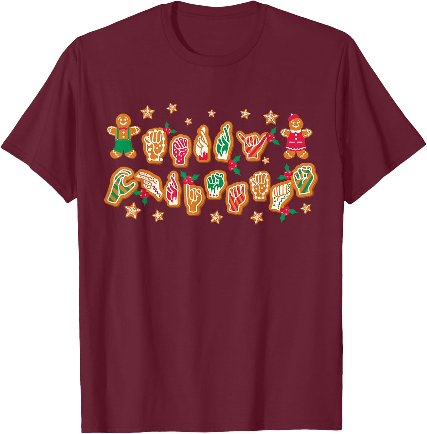 ASL Christmas American Sign Language Gingerbread Hands Deaf T-Shirt - T-Shirt | Maroon