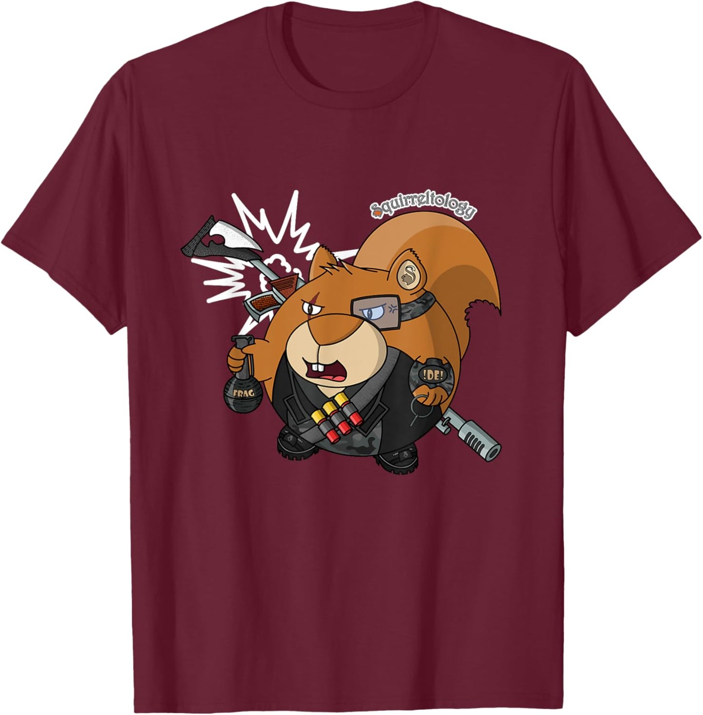 Funny Squirrel - Angry Warlord with a Grenade T-Shirt - T-Shirt | Maroon
