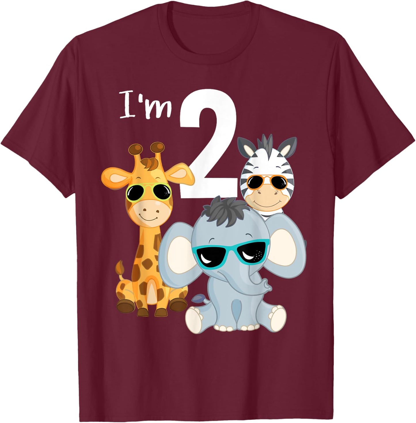 Cool Safari Animals 2nd Birthday Party 2 Year Old Toddler T-Shirt - T-Shirt | Maroon