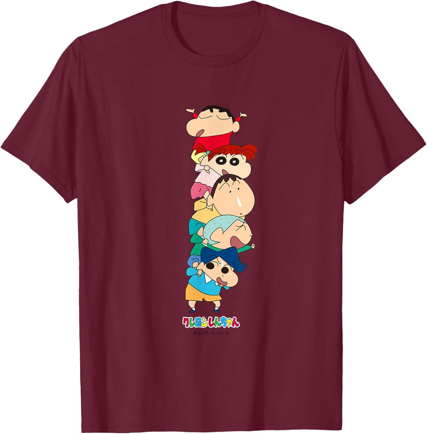 Crayon Shin-chan Piggyback! Kasukabe Defense Corps T-Shirt - T-Shirt | Maroon