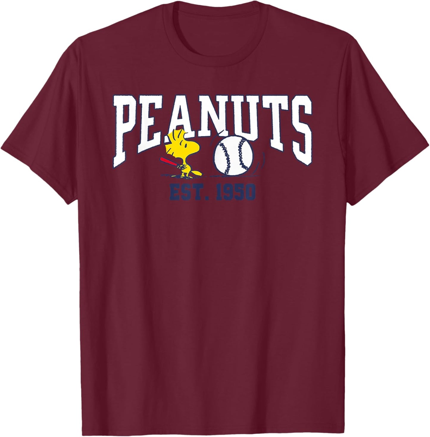 Peanuts Woodstock Playing Baseball Est 1950 T-Shirt - T-Shirt | Maroon
