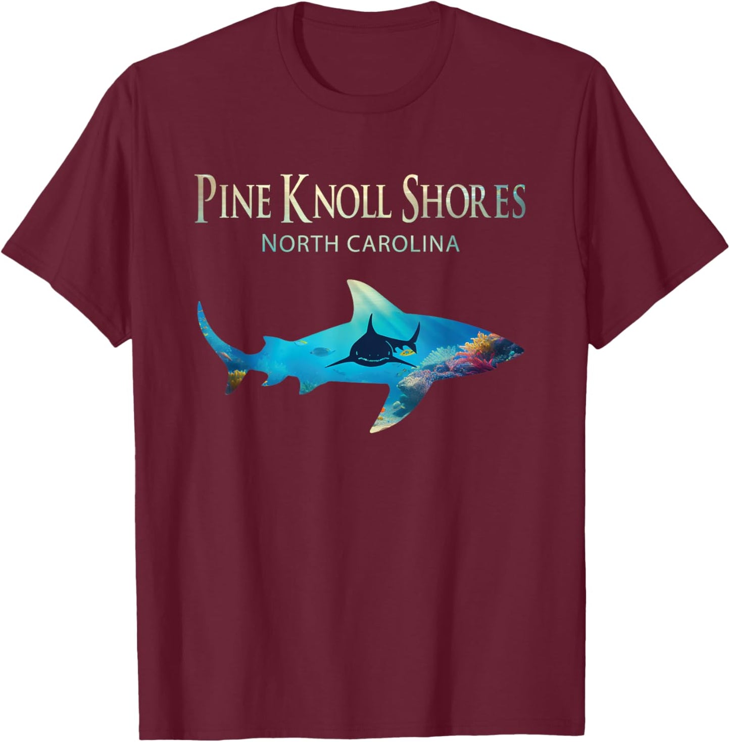 Pine Knoll Shores Retro Pine Knoll Shores Nc Shark T-Shirt - T-Shirt | Maroon