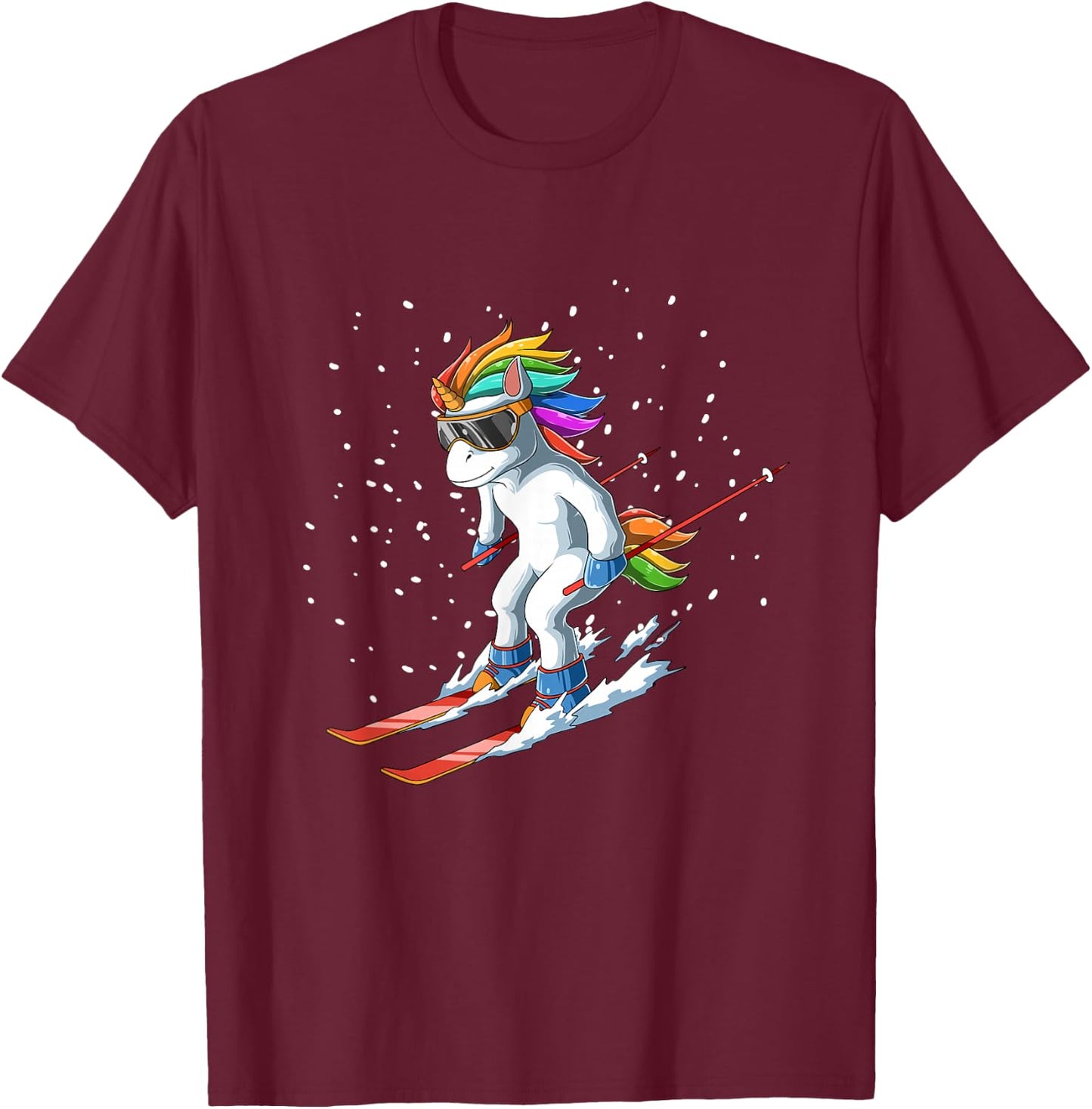 Unicorn on Ski - Funny Ski Gift T-Shirt - T-Shirt | Maroon
