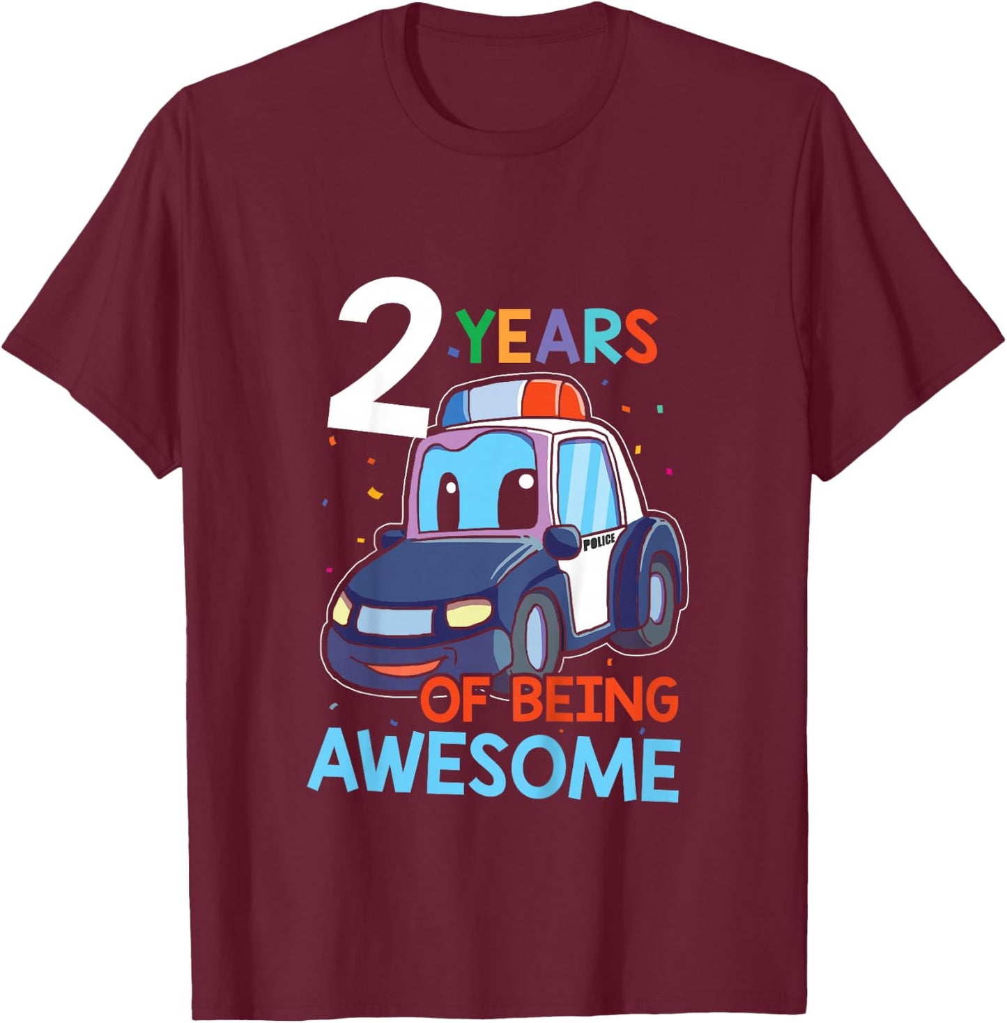 Kids 2 Year Old Shirt Birthday Boy Shirt 2nd Police Car Gift T-Shirt - T-Shirt | Maroon