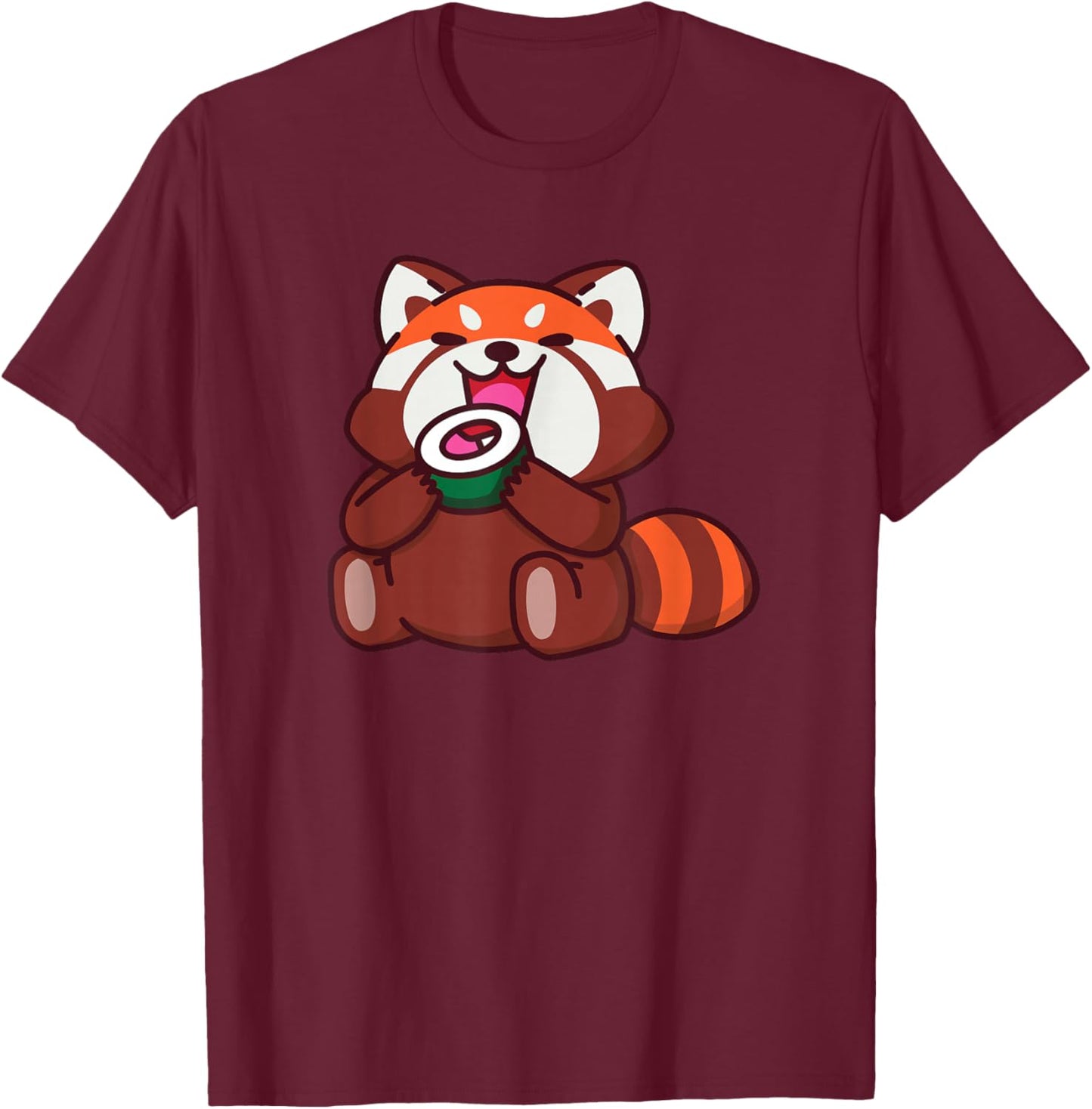 Red Panda Eating Sushi Animals Cartoon Food T-Shirt - T-Shirt | Maroon