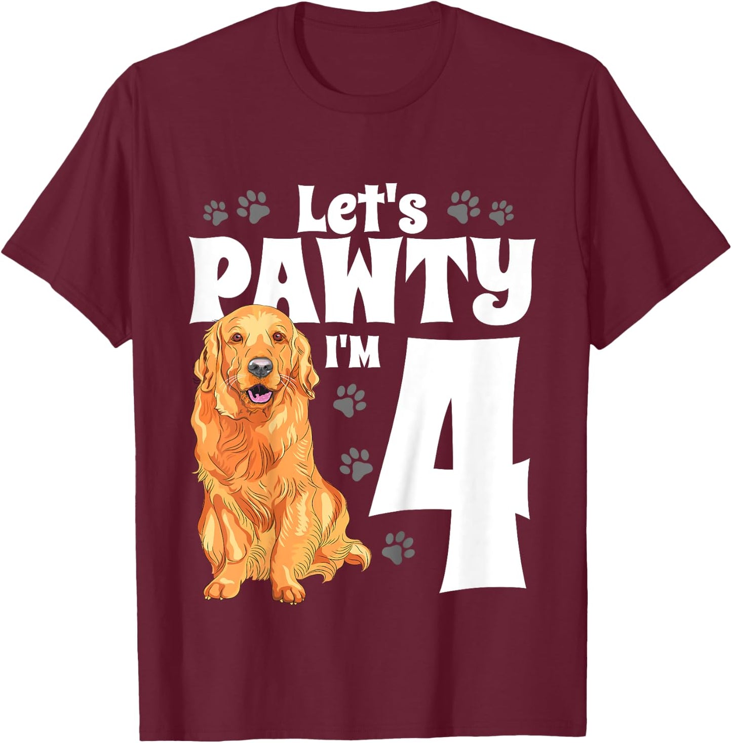 Kids 4 Year Old Golden Retriever Dog Birthday Pawty Dogs 4th Gift T-Shirt - T-Shirt | Maroon
