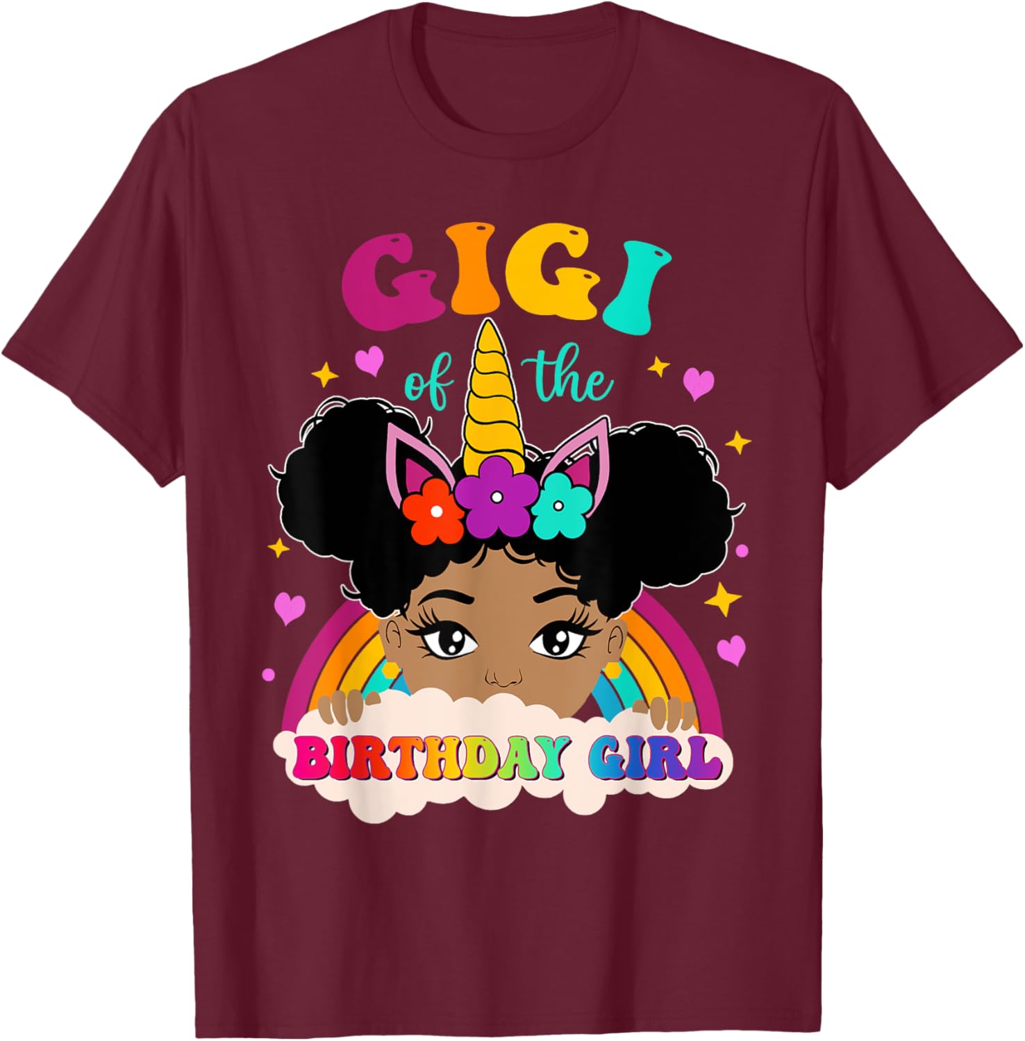 Gigi of The Birthday Girl Rainbow Afro Melanin Unicorn T-Shirt - T-Shirt | Maroon