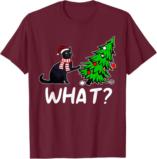Funny Black Cat Gift Pushing Christmas Tree Over Cat What? T-Shirt - T-Shirt | Maroon