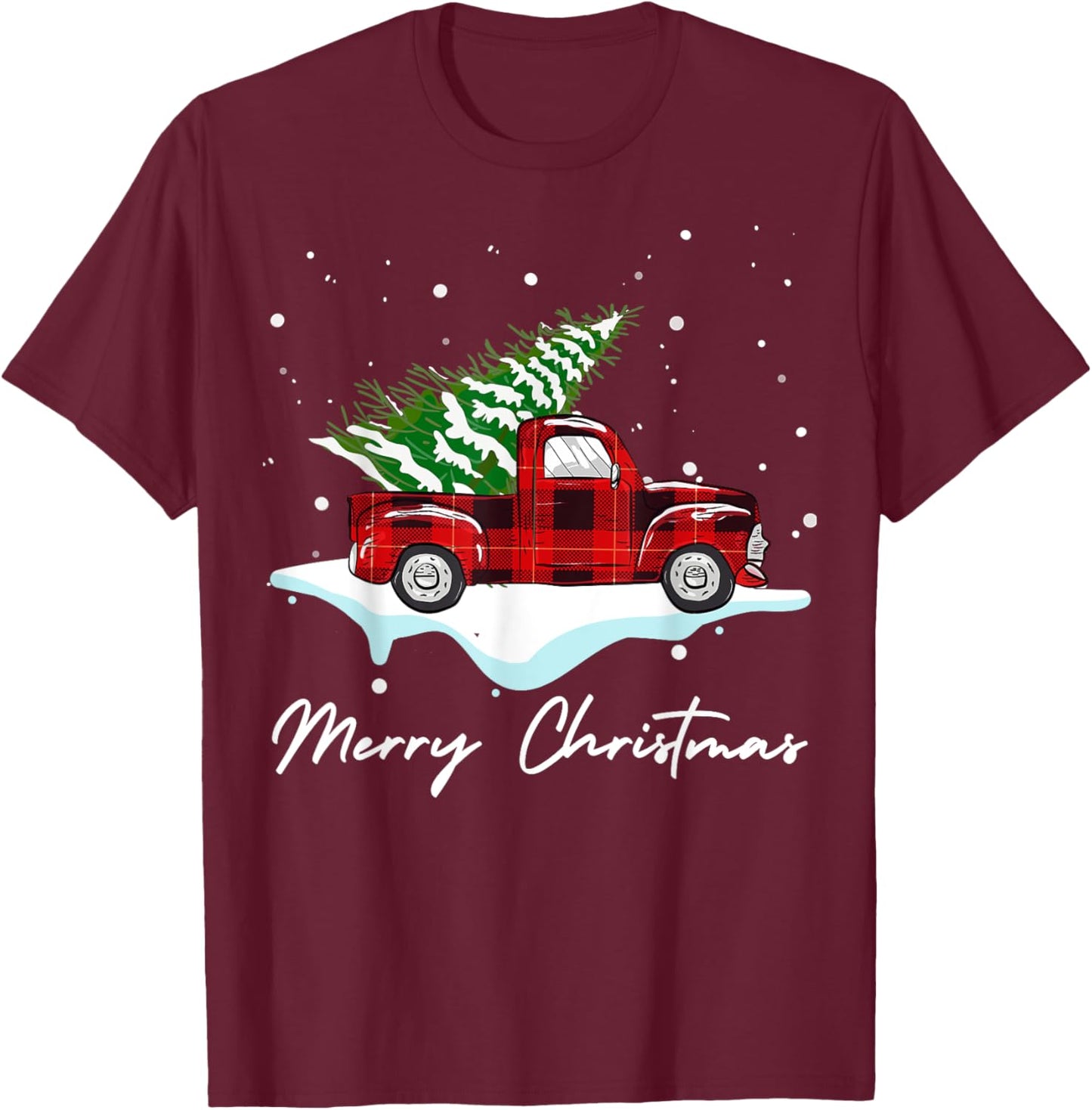 Buffalo Red Plaid Pickup Truck and Tree Snow Merry Christmas T-Shirt - T-Shirt | Maroon