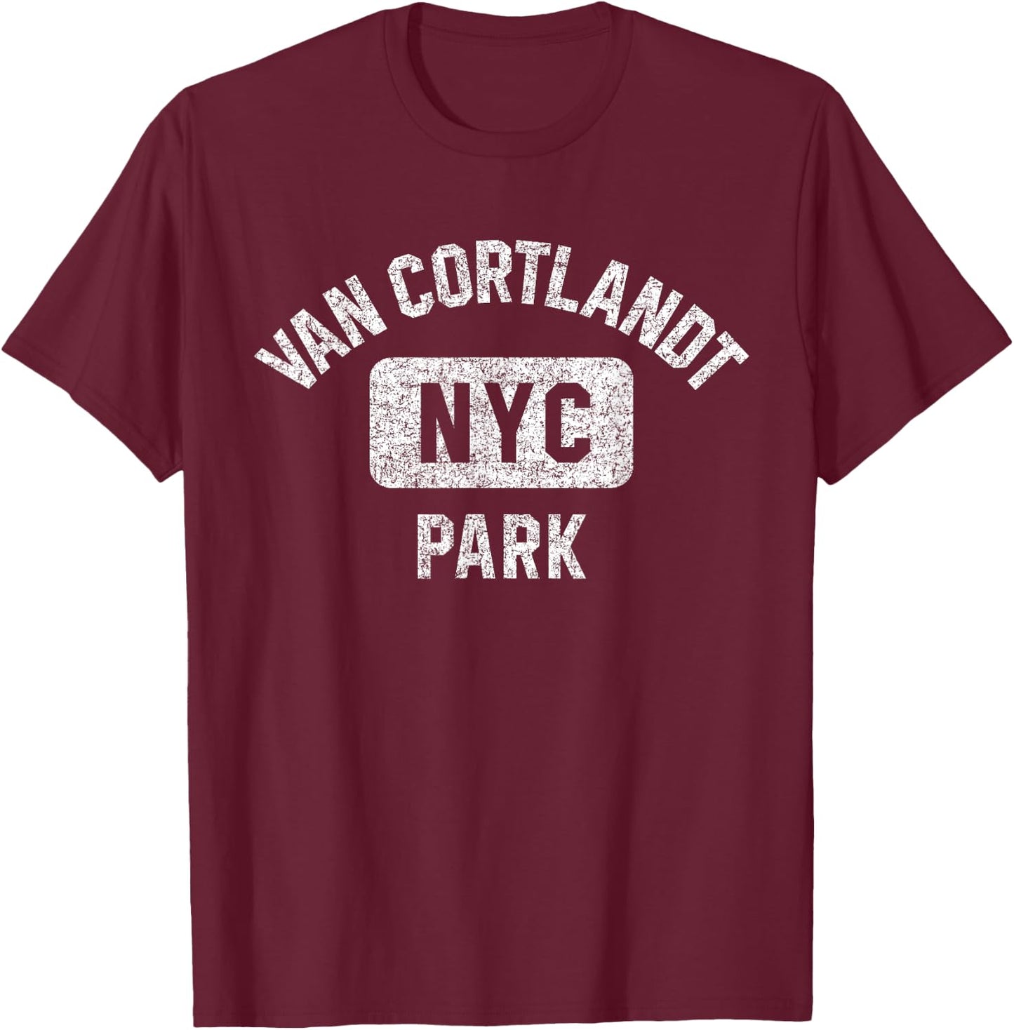 Van Cortlandt Park NYC Gym Style Distressed White Print T-Shirt - T-Shirt | Maroon