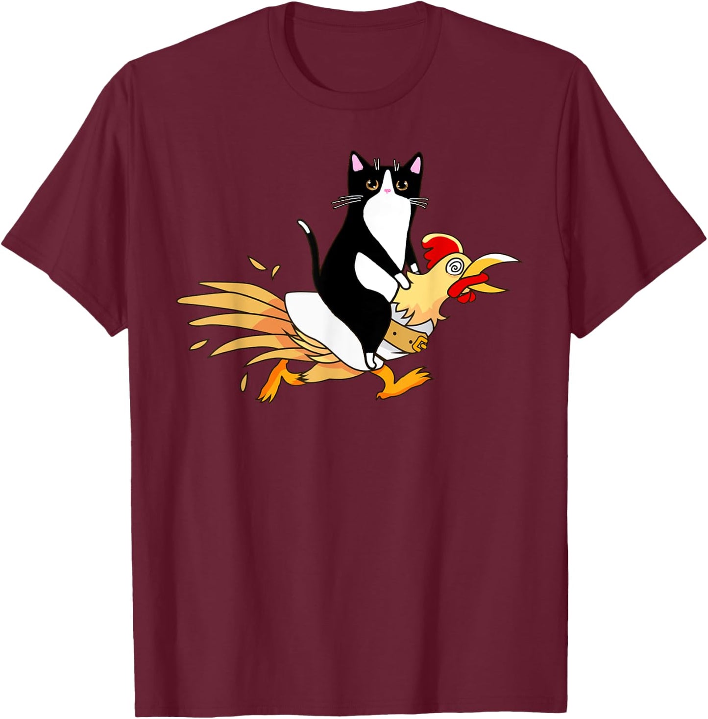 Tuxedo Cat Riding a Chicken Women Catfather T-Shirt - T-Shirt | Maroon