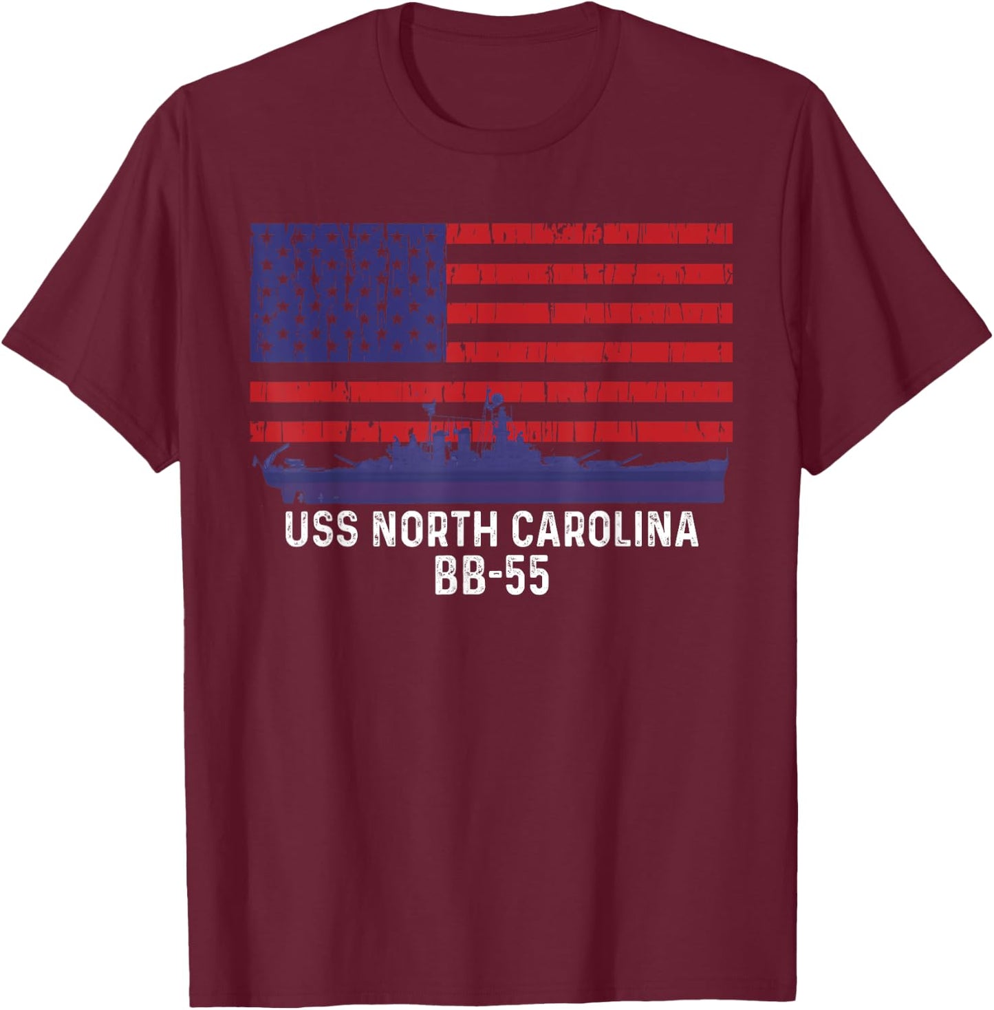 USS North Carolina BB-55 Battleship Vintage American Flag T-Shirt - T-Shirt | Maroon