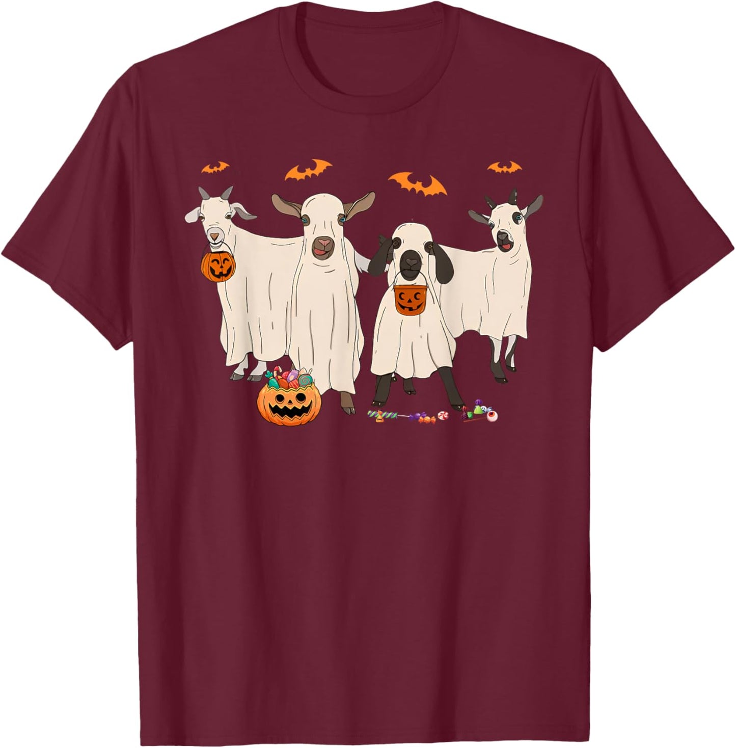 Funny Goat In Ghost Costume Happy Halloween Day Girls Boys T-Shirt - T-Shirt | Maroon
