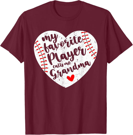 My Favorite Player Calls Me Grandma Heart Baseball Player T-Shirt - T-Shirt | Maroon