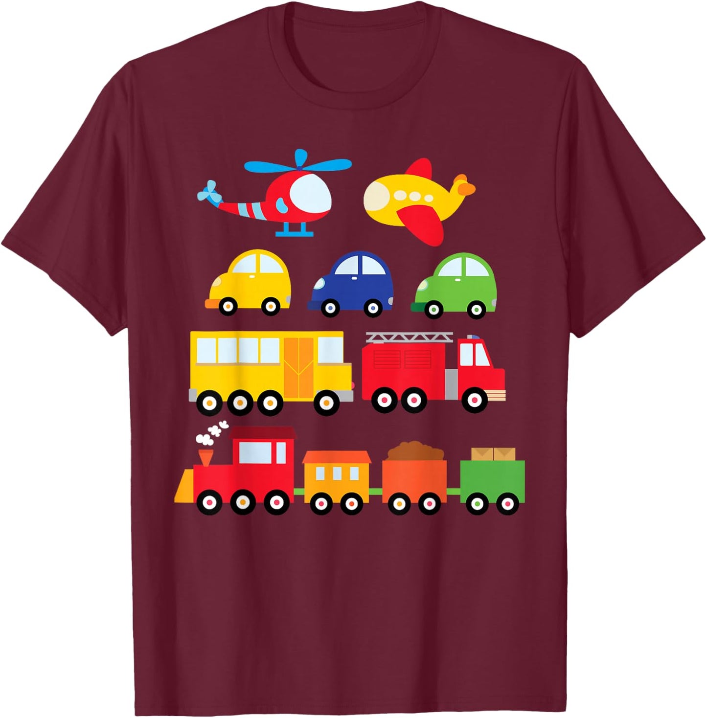 Transportation Trucks Cars Trains Planes Helicopters Toddler T-Shirt - T-Shirt | Maroon