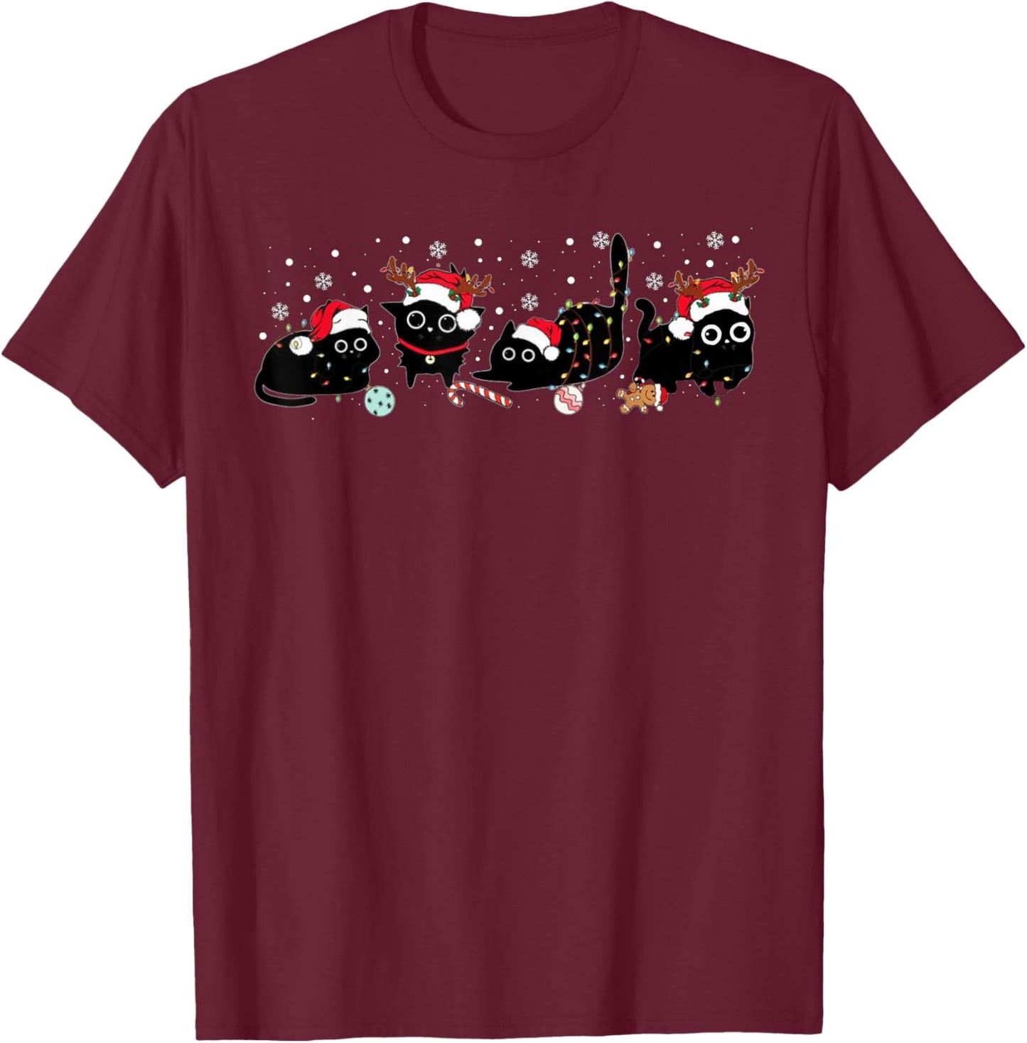 Cute Cats Santa Reindeer Funny Christmas Lights Cat Lover PJ T-Shirt - T-Shirt | Maroon