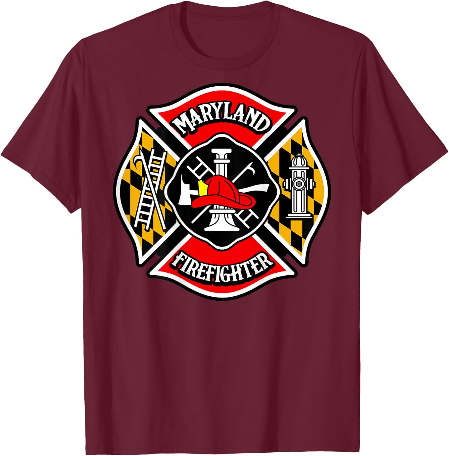 Maryland Firefighter Shirt Emblem Maltese Cross Men Gift T-Shirt - T-Shirt | Maroon