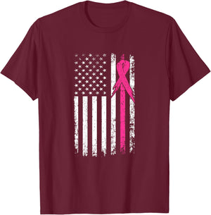 American Flag Pink Ribbon Breast Cancer Awareness Month Women T-Shirt - T-Shirt | Maroon