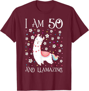 I am 50 Years Old Llamazing Cute Llama 50th Girl Birthday T-Shirt - T-Shirt | Maroon
