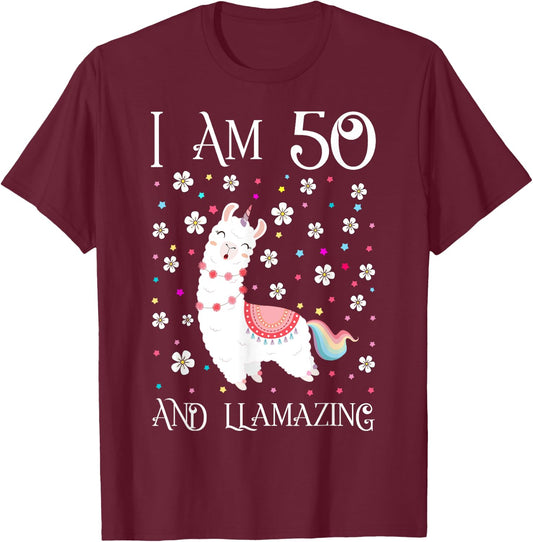I am 50 Years Old Llamazing Cute Llama 50th Girl Birthday T-Shirt - T-Shirt | Maroon