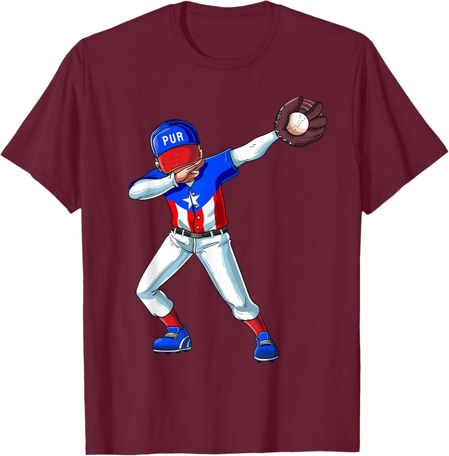 Baseball Dabbing Puerto Rico Player Catcher Pitcher Men Kids T-Shirt - T-Shirt | Maroon
