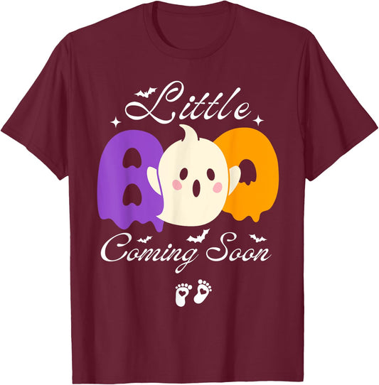 Little Boo Coming Soon-Funny Halloween Pregnant Announcement T-Shirt - T-Shirt | Maroon