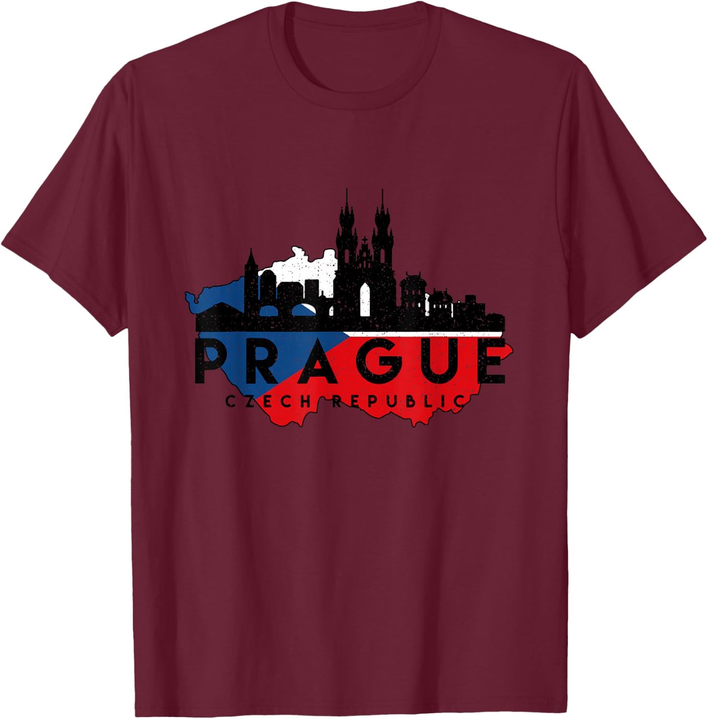 Vintage Prague Cityscape Skyline Czech Republic Map T-Shirt - T-Shirt | Maroon