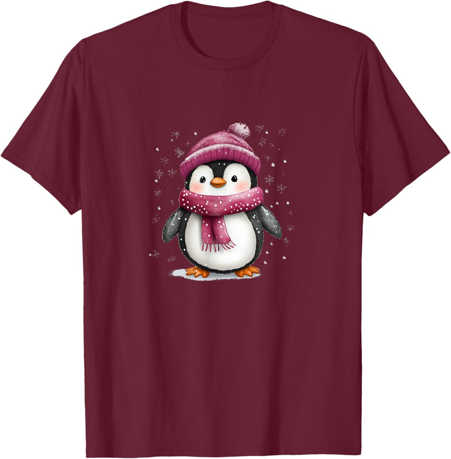 Cute Penguin With Hat And Scarf Winter Snow T-Shirt - T-Shirt | Maroon