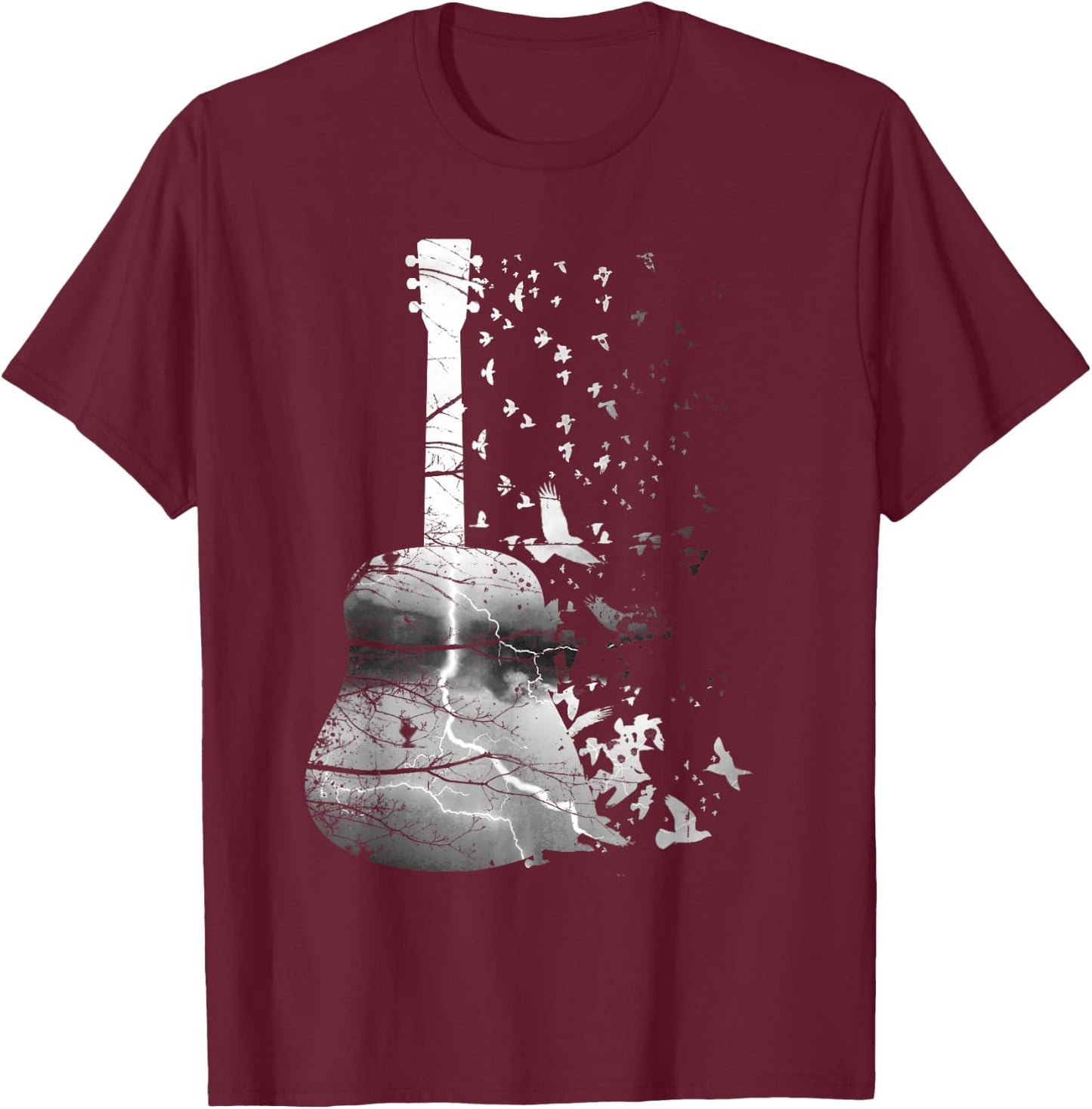 Awesome Nature Guitar Shirt With Tree, Thunder And Birds T-Shirt - T-Shirt | Maroon