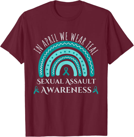 Sexual Assault Awareness Month Rainbow Teal Ribbon Support T-Shirt - T-Shirt | Maroon