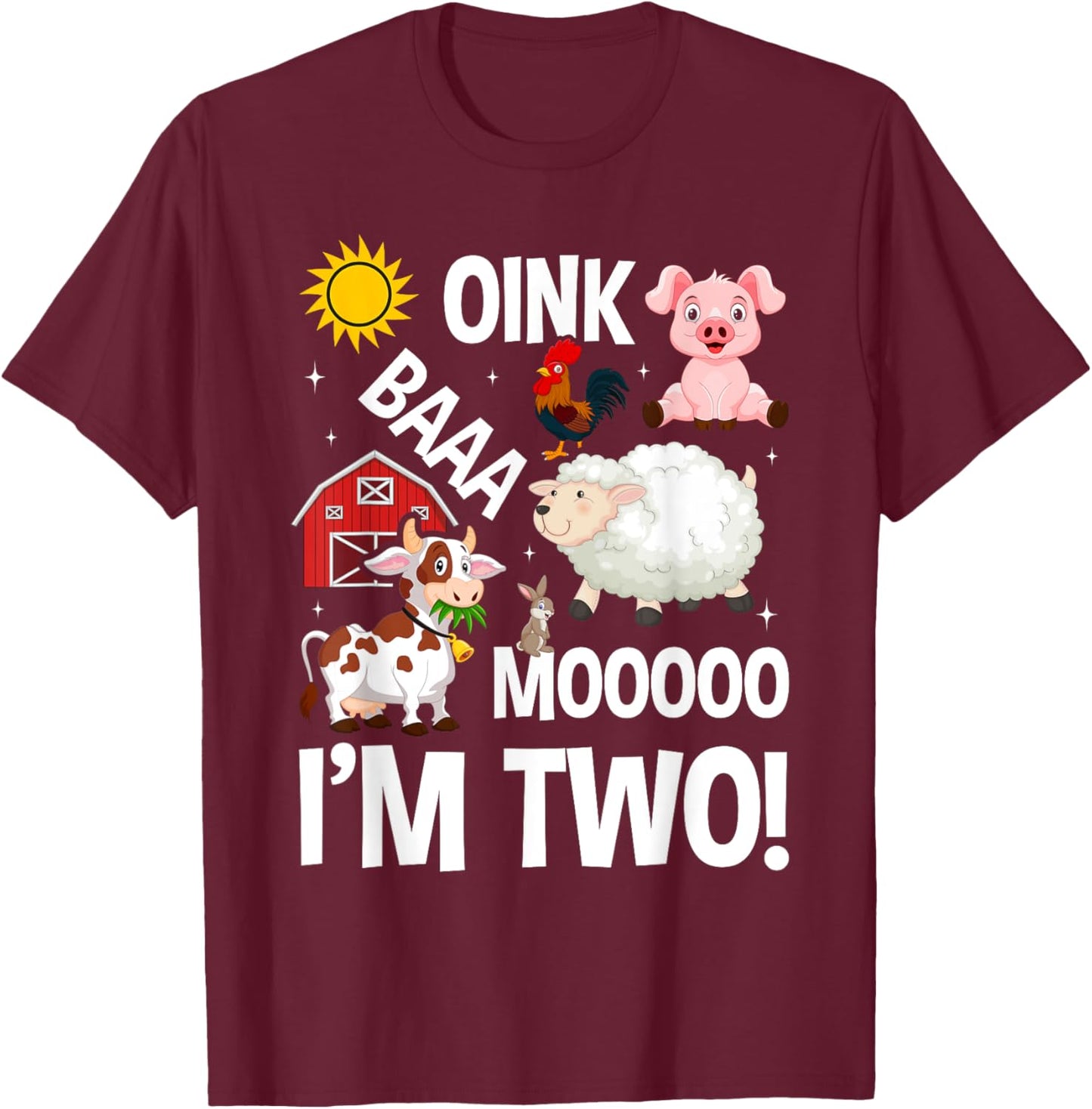 Farm Animals 2nd Birthday 2 Year Old Birthday Party T-Shirt - T-Shirt | Maroon