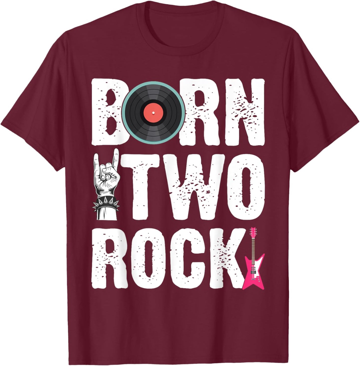 Kids 2nd Birthday Guitar Born Two 2 Rock Rocker Bday Boys T-Shirt - T-Shirt | Maroon