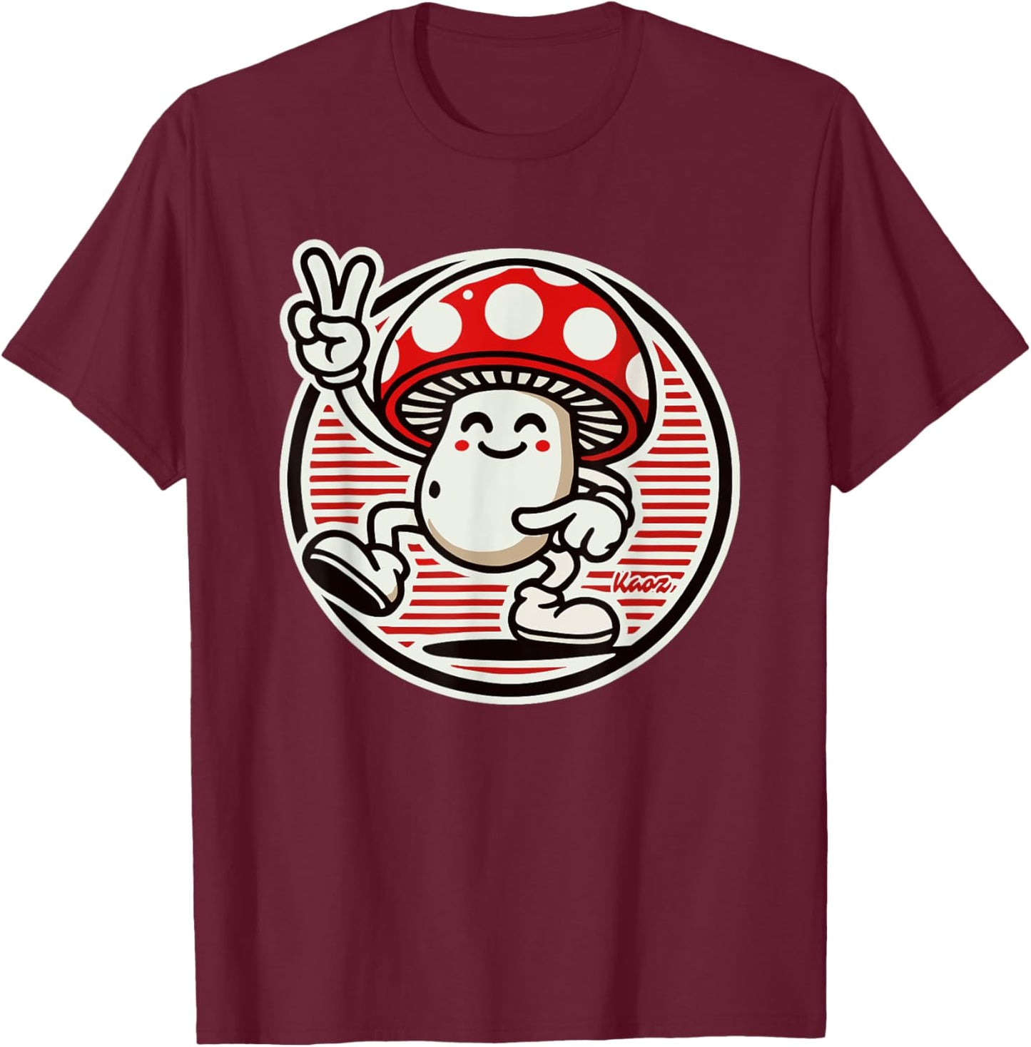 Retro Vintage Psychedelic: Funny Mushroom Peace Sign T-Shirt - T-Shirt | Maroon