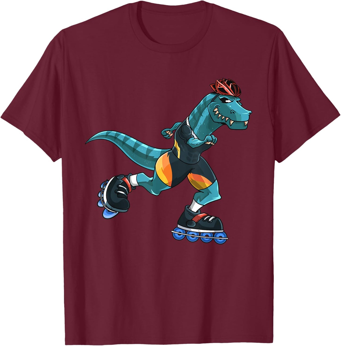 Dino Rides On Rollers T-Rex Roller Skater Skating Kids Boys T-Shirt - T-Shirt | Maroon