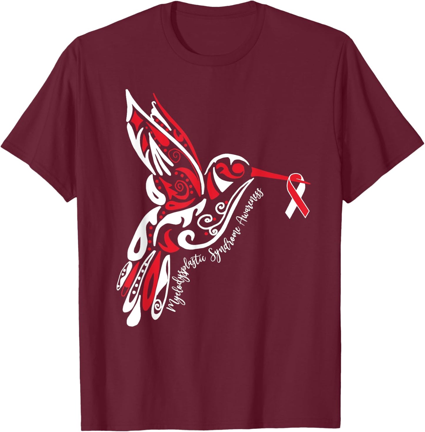 Myelodysplastic Syndrome MDS Awareness Hummingbird Ribbon T-Shirt - T-Shirt | Maroon
