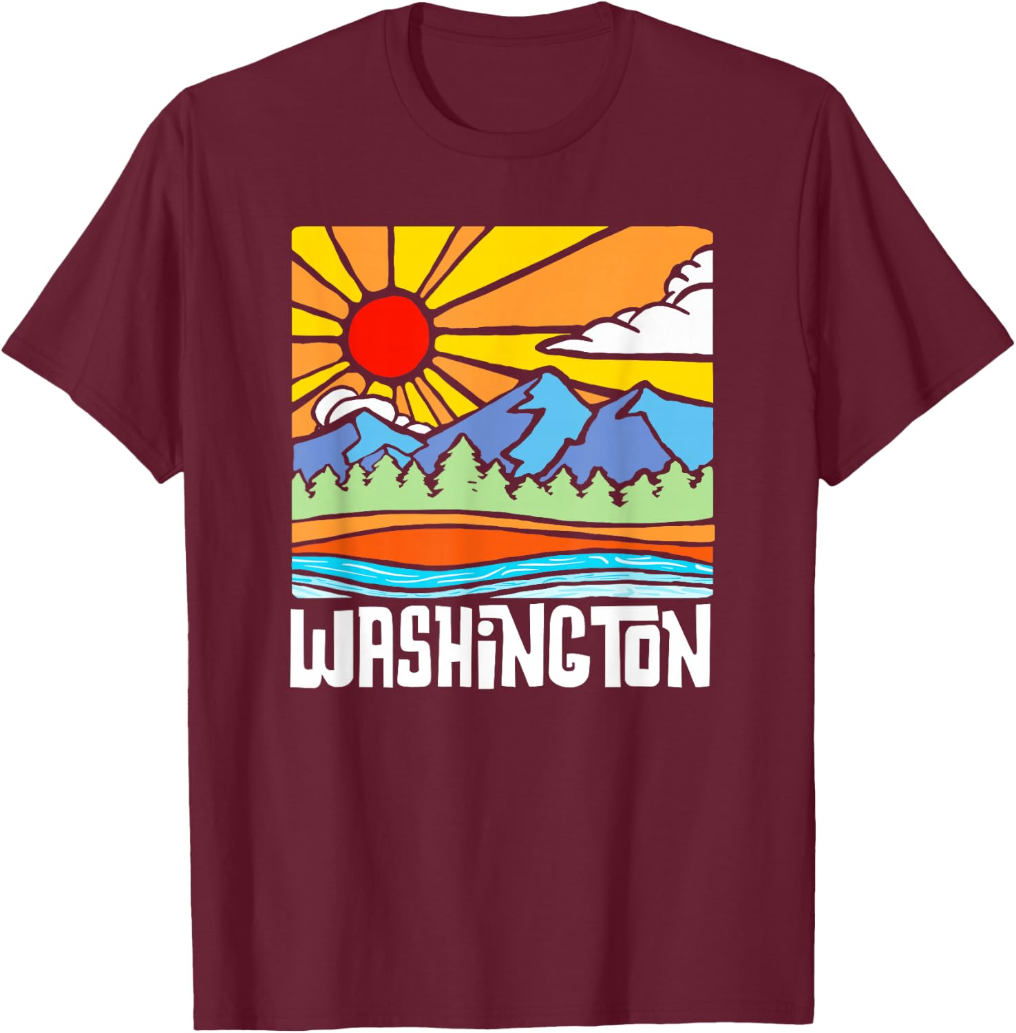 Washington Artistic Nature & Mountains State Vintage Graphic T-Shirt - T-Shirt | Maroon