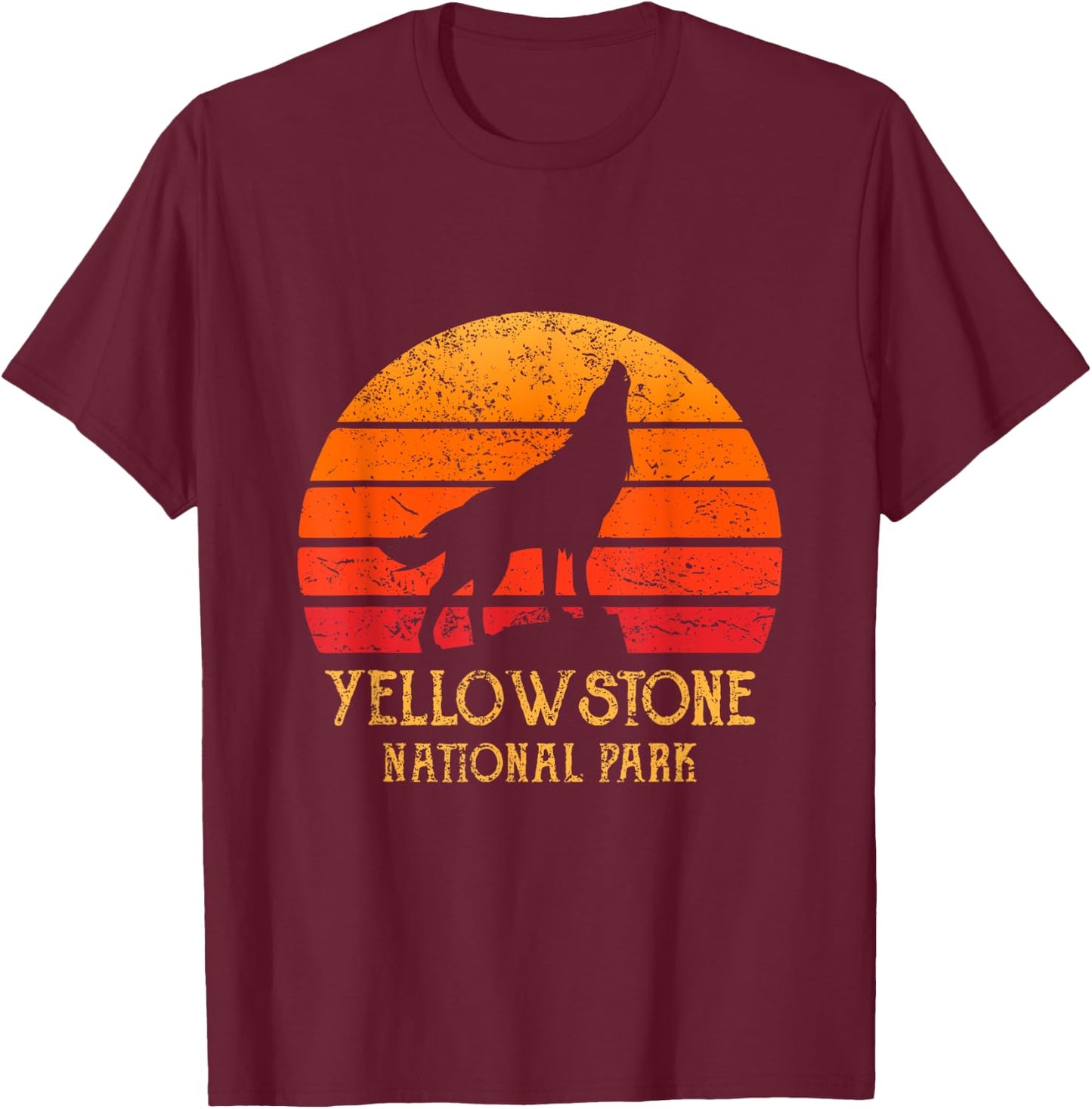 Retro Sun Yellowstone National Park Wolf Vintage Yellowstone T-Shirt - T-Shirt | Maroon