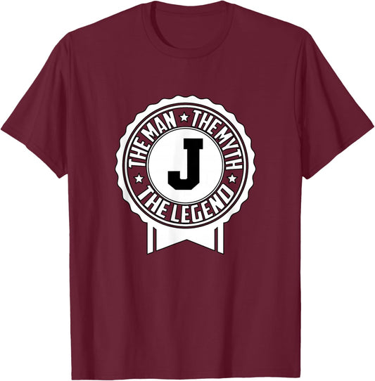 The Man The Myth The Legend Monogrammed Letter J T-Shirt - T-Shirt | Maroon