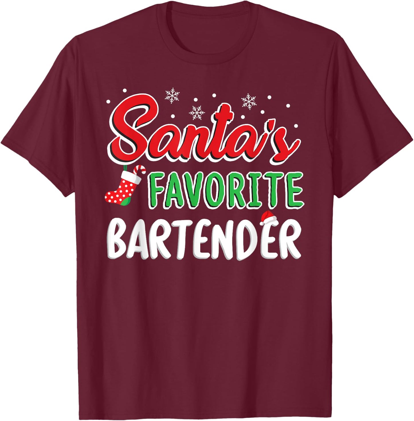 Santa's Favorite Bartender T Shirt Cute Xmas Party Drinking T-Shirt - T-Shirt | Maroon