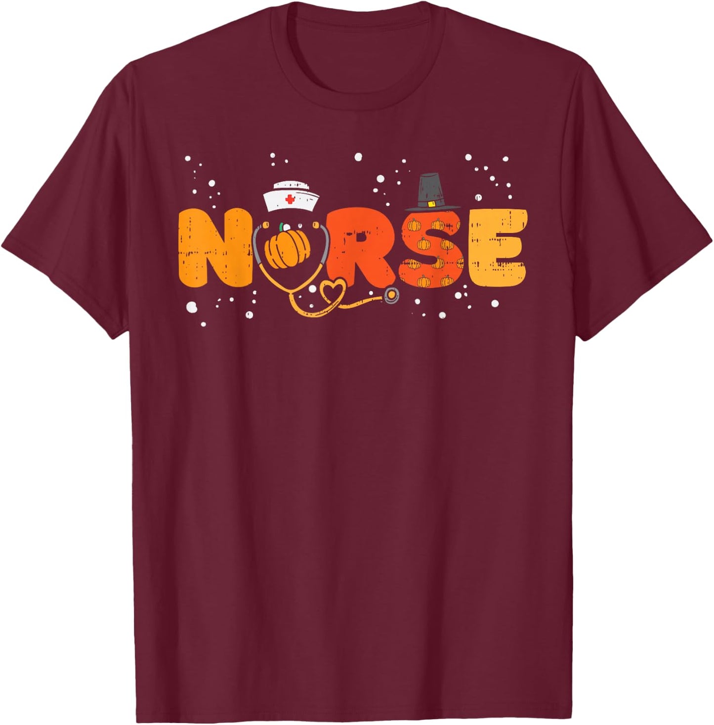 Thanksgiving Nurse Stethoscope Autumn Fall Scrub Top Women T-Shirt - T-Shirt | Maroon