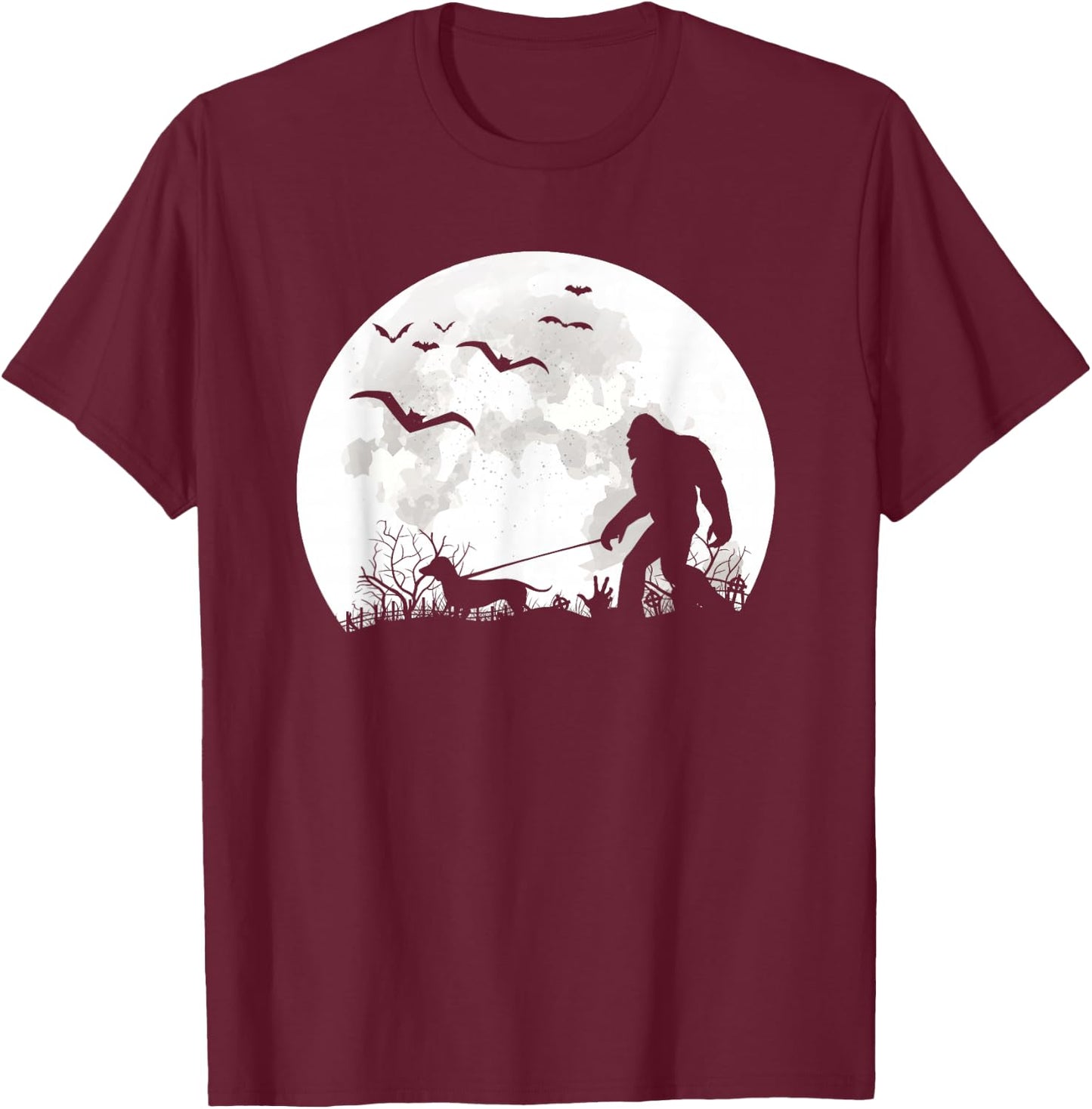 Bigfoot Walking Dachshund Dog Moon Sasquatch Halloween Dog T-Shirt - T-Shirt | Maroon