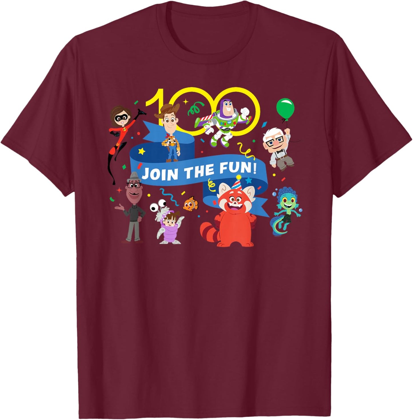 Disney 100 Pixar Join the Fun Anniversary D100 T-Shirt - T-Shirt | Maroon
