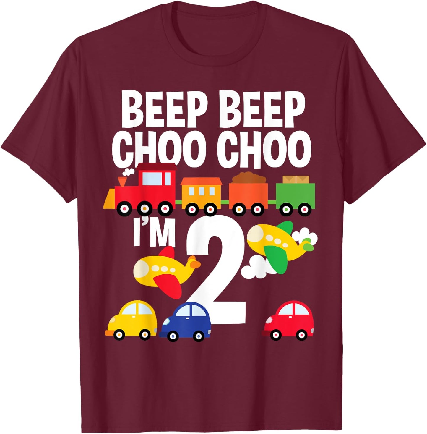 I'm 2 Birthday Boy 2nd Bday Trains Cars Airplanes T-Shirt - T-Shirt | Maroon