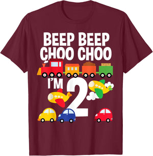 I'm 2 Birthday Boy 2nd Bday Trains Cars Airplanes T-Shirt - T-Shirt | Maroon