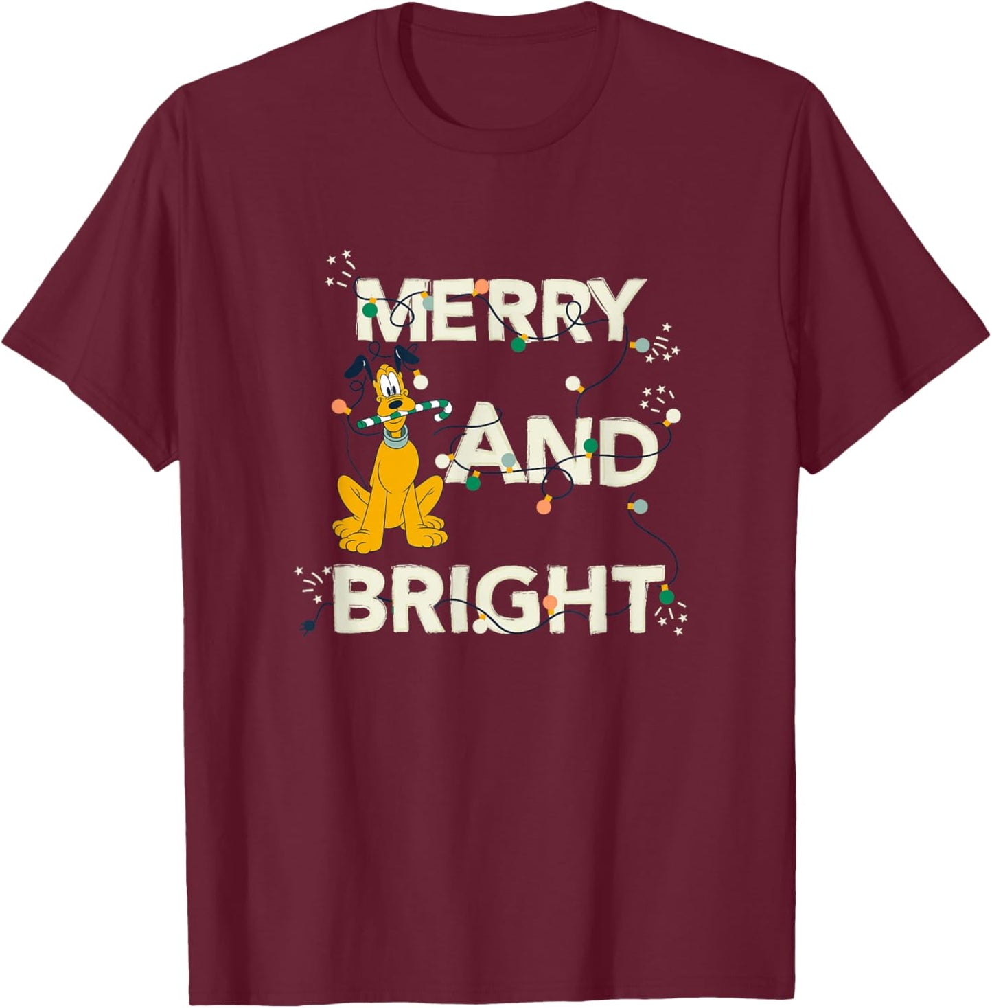 Disney Mickey and Friends Christmas Pluto Merry and Bright T-Shirt - T-Shirt | Maroon