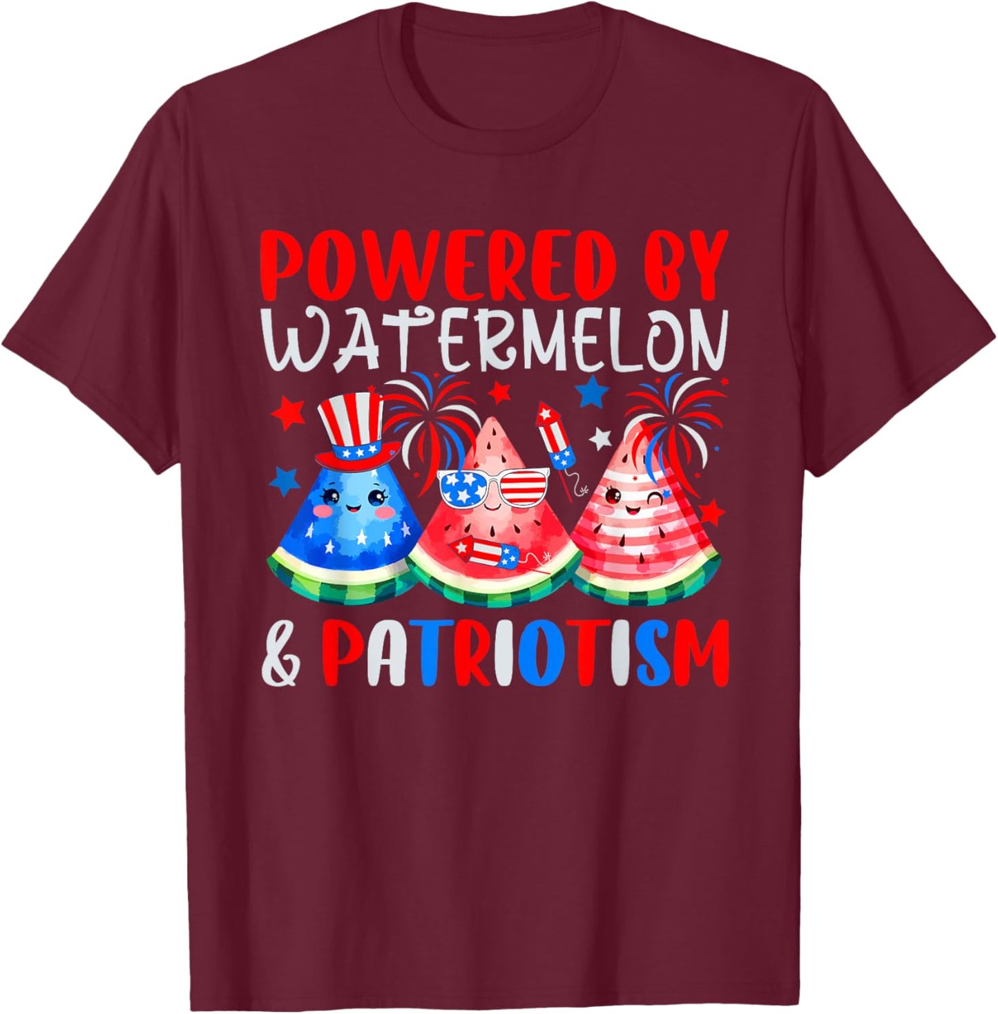 Powered By Watermelon & Patriotism 4th Of July US Flag T-Shirt - T-Shirt | Maroon