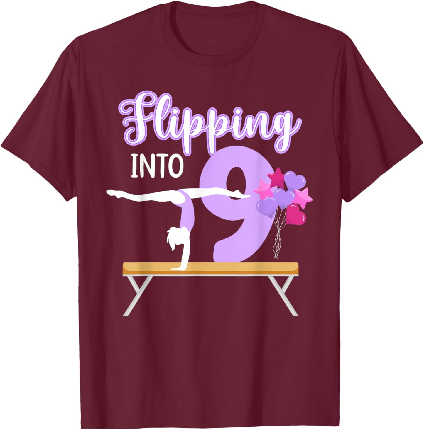 9th Gymnastics Birthday Party Nine Year Old Gymnast Girl T-Shirt - T-Shirt | Maroon