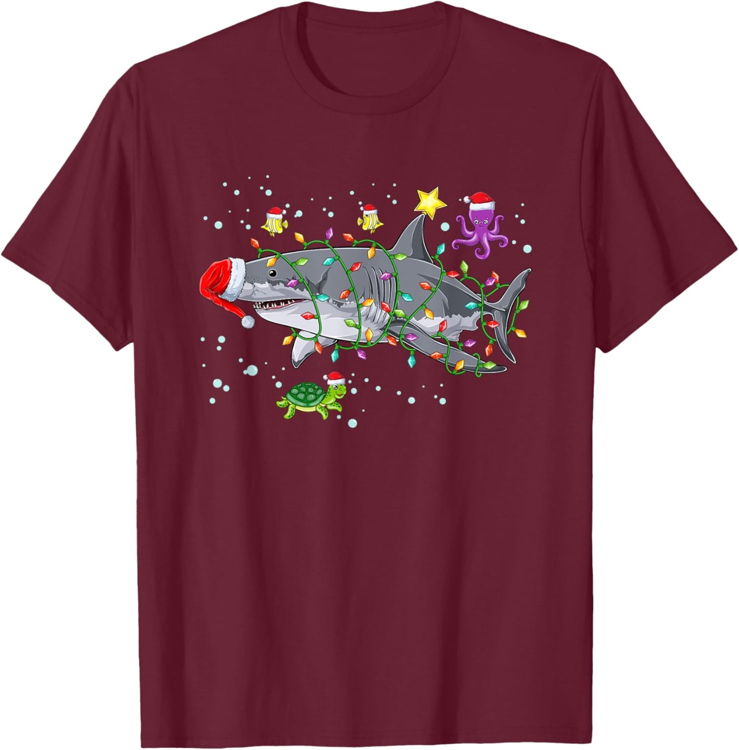 Shark Santa Ugly Christmas Lights sharkmas Xmas T-Shirt - T-Shirt | Maroon
